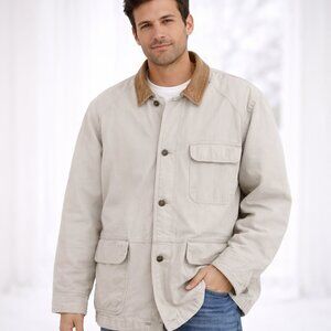 Eddie Bauer VTG SZ L Cotton Tan Chore Jacket Corduroy Collar Down Plaid Liner